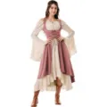 Renaissance medieval women peasant pirate costume off shoulder high low dress with corset - S / Top And Bottom / Rose Red