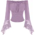Femme Epaule Denudee Manche Longue Blusette Taille Froncee Dentelle Top Chic Elegant. - Lavande