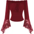 Haut Femme Épaule Dénudée Manches Longues Dentelle Volants Rouge Vin Élégant - 2XL / Hauts / Rouge