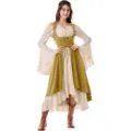 Medieval Renaissance women costume vintage high low dress lace up vest bell sleeves - S / Top And Bottom / Yellow