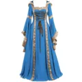 Robe médiévale rétro à capuche, costume vintage bleu avec laçage marron et manches trompette. - S / Robes / Bleu