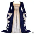 Medieval Renaissance vintage velvet maxi dress with dramatic bell sleeves and lace-up front. - S / Dresses / Navy Blue