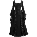 Medieval retro hooded dress, square neck lace-up trumpet sleeve maxi dress for women. - Solid Black