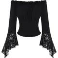 Blouse noire à épaules dénudées et manches longues en dentelle avec taille smockée. - 2XL / Hauts / Noir