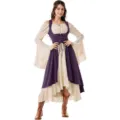 Women's Renaissance Medieval Peasant Costume Purple Overdress and Beige Off Shoulder Dress. - S / Top And Bottom / Purple