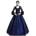 Robe longue vintage médiévale de style renaissance avec garniture en dentelle noire. - S / Robes / Bleu Foncé