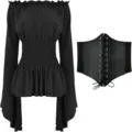 Medieval Renaissance women off-shoulder black long sleeve top and lace-up corset belt set. - S / Set / Red + Belt