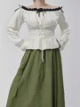 Renaissance medieval off-shoulder white blouse and green skirt vintage women costume set - S / Top And Bottom / Cream (New Long Sleeve Top)