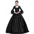 Black medieval retro court dress featuring lace patchwork and long bell sleeves for women. - Black
