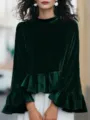 Green velvet long sleeve ruffle blouse for women, elegant round neck pullover top for autumn. - S / Tops / Dark Green