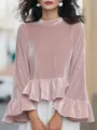 Pink velvet long sleeve top detail showing mock neck, soft texture and elegant ruffle hem. - S / Tops / Pink