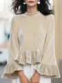 Velvet long sleeve blouse with round neck and ruffled hem. Elegant women's apparel for daily wear. - Apricot