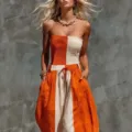Trendy strapless colorblock cotton linen jumpsuit featuring orange and off-white contrast. - S / Orange