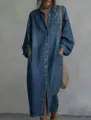 Detailed view of casual long sleeve lapel denim shirt dress with single-breasted buttons. - S / Dresses / Dark Blue