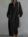 Details of the black denim long sleeve shirt dress with lapel and single-breasted design. - S / Dresses / Black