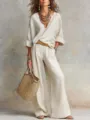 Detailed shot of casual linen loose resort set outfit showcasing the texture and drape style. - S / Top And Bottom / White
