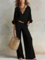 Chic European casual linen loose resort outfit featuring a stylish black V-neck top and trousers. - S / Top And Bottom / Black
