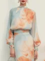 Elegant blue floral chiffon dress with stand collar, puff sleeves, and fishtail style. - S / Dresses / Sky Blue