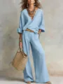 Casual Loose Linen Resort Set Women V-Neck Blouse Wide Leg Pants Summer Fashion Outfit - S / Top And Bottom / Blue