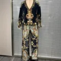 Women elegant baroque printed velvet two piece set long sleeve v neck top and wide leg pants. - XS / Top And Bottom / Black