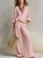 Pink loose resort set detail, V-neck casual blouse and wide-leg trousers for women. - S / Top And Bottom / Pink