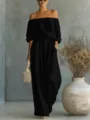 Trendy black off-shoulder top and high waist wide leg pants two piece set for women. - S / Top And Bottom / Black