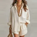 Dames effen casual linnen shirt en short set gedetailleerd overzicht met losse stijl. - S / Boven- En Onderstuk / Abrikoos