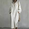 Women casual white denim shirt dress loose lapel button down long sleeve midi dress wear - S / Dresses / White