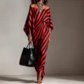 Red and black striped off-shoulder maxi dress, loose fit fashion apparel for summer daily wear. - S / Dresses / Burgundy