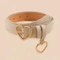 Women minimalist beige leather belt with cute gold heart buckle and dangling pendant. - L / Beige Pendant