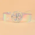 Detailed view of the clear PVC iridescent fashion belt featuring a sparkly round buckle. - Colorful Round Buckle / 100cm