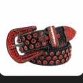 Punk style rhinestone women belt black faux leather with red crystal pin buckles - 105cm / Red