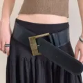 Retro wide black belt with vintage brass buckle, stylish waist-cinching accessory for dresses. - Black