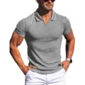 Men's grey ribbed short sleeve polo shirt casual V-neck slim fit summer top apparel. - S / Light Gray