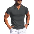 Men's Summer Casual Ribbed Short Sleeve Polo Shirt V-Neck Lapel Vertical Stripe Tee - S / Dark Gray