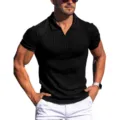 Men Summer Casual Black Vertical Striped Short Sleeve V-Neck Polo Shirt Slim Fit Apparel - S / Black