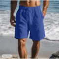 Heren casual katoen linnen korte broek met trekkoord, effen ademende strandbroek. - Donkerblauw