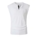 Men's solid color sleeveless henley shirt casual breathable button vest with chest pocket - S / Tops / White