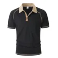 Mens short sleeve polo shirt contrast color lapel casual breathable summer top wear. - S / Tops / Black