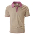 Men's short sleeve polo shirt, khaki body with pink contrast collar and buttons, casual top. - S / Tops / Khaki