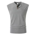 Men's grey sleeveless henley shirt casual cotton blend tank top with chest pocket S - S / Tops / Gray