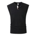 Men's black sleeveless Henley shirt casual cotton linen vest with wooden buttons and chest pocket. - S / Tops / Black
