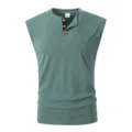 Men's casual breathable green sleeveless henley shirt with button placket and chest pocket. - S / Tops / Dark Green