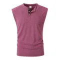 Men's casual sleeveless henley shirt solid color tank top with chest pocket and buttons. - Rose Red