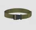 Close-up detail view of the military green canvas belt featuring a durable black plastic buckle. - Olive Green - Side Release Style