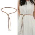 Cinturón fino de cuero marrón para mujer con perlas, elegante cadena de cintura retro. - Camel