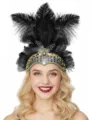 Detailed view of elegant black feather sequin headband for festival party performance. - Black