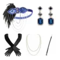 1920s Gatsby Flapper Feather Headband Long Earrings Pearl Necklace Costume Accessory Set - Set / Blue
