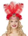 Red feather carnival headpiece detail, stunning party dancer hair accessory for festive events. - Red
