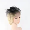 Black feather fascinator detail showing elegant mesh floral design for formal wedding parties. - Black